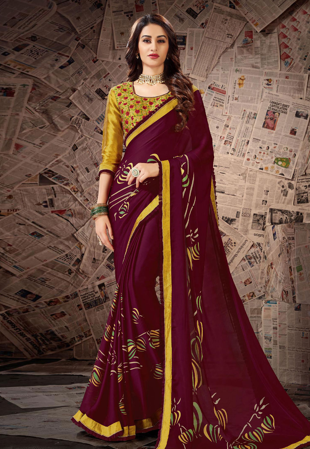 Maroon Satin Printed Saree With Blouse 168700