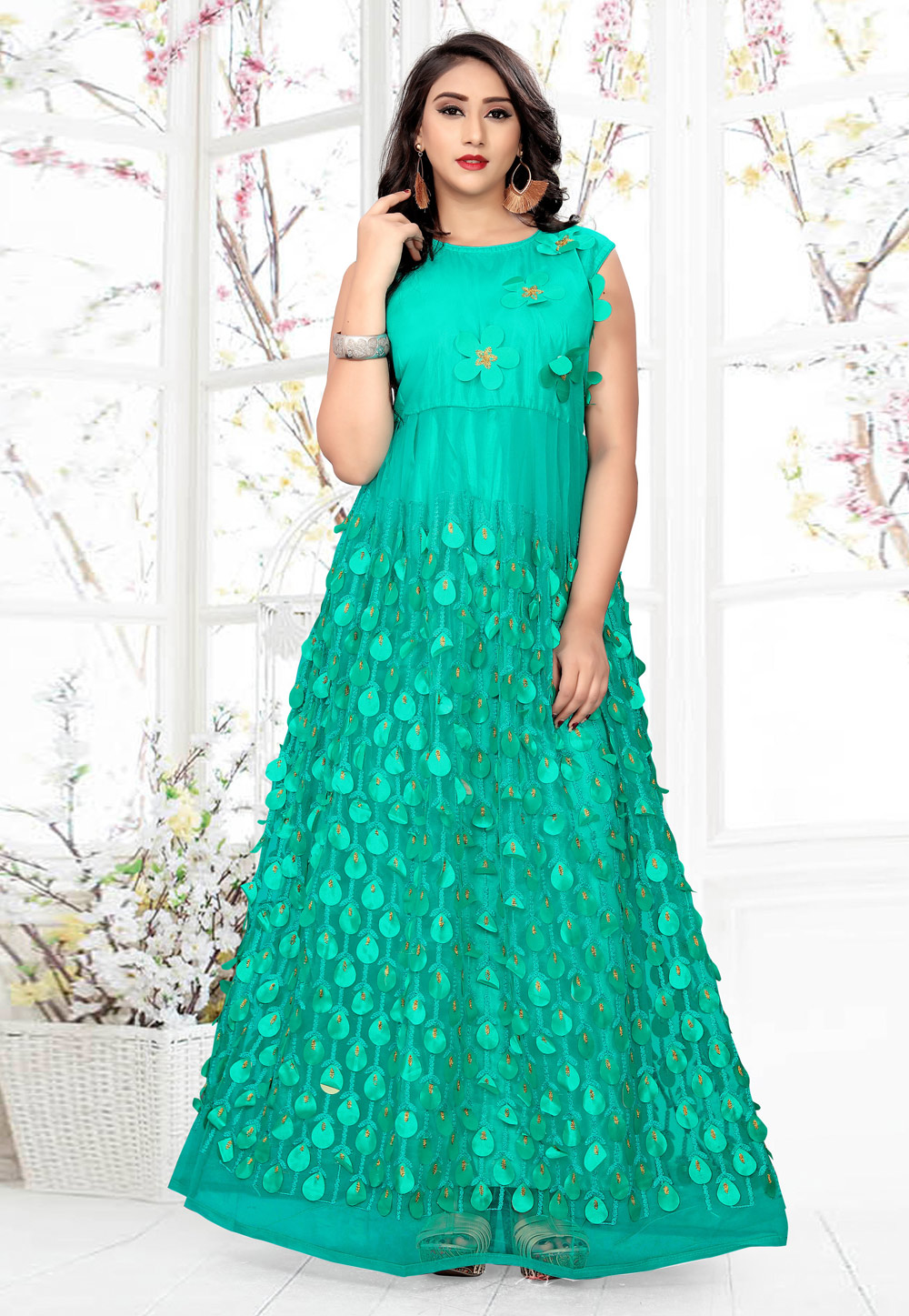 Turquoise Net Readymade Gown 168955