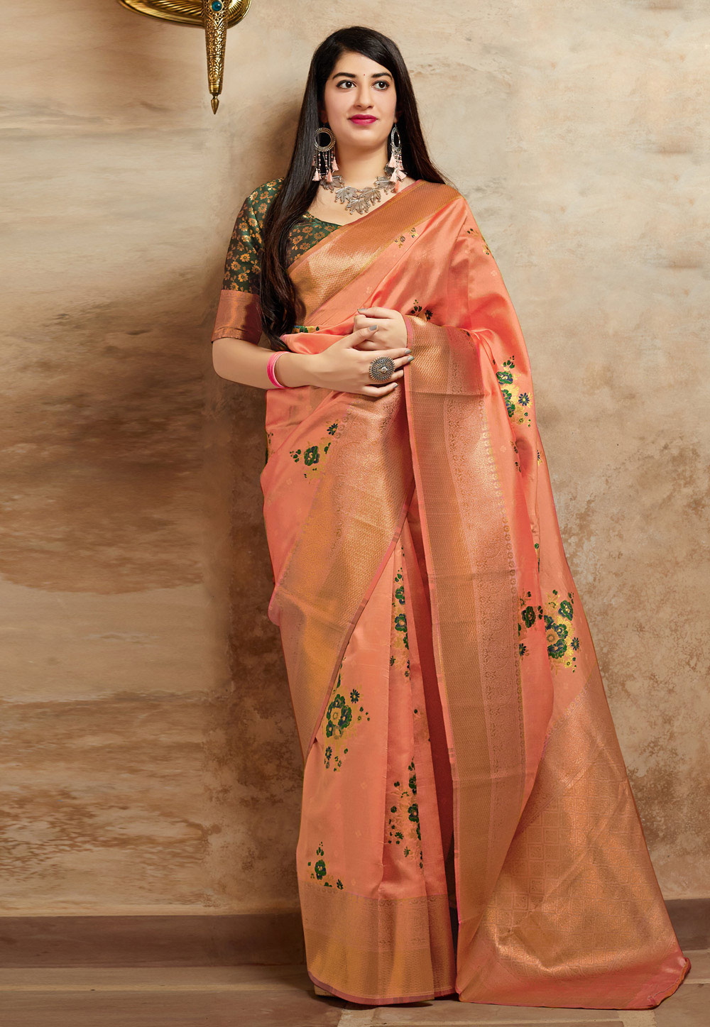 Peach Banarasi Silk Saree With Blouse 186185