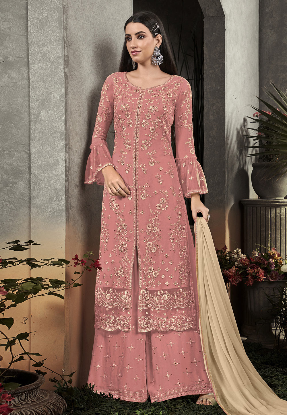 Pink Georgette Kameez With Palazzo 193183