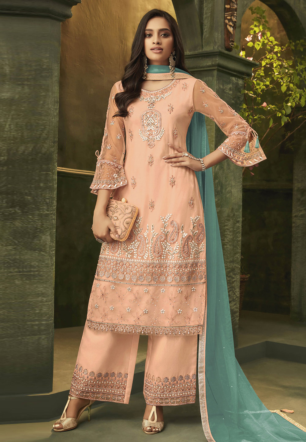 Peach Net Embroidered Kameez With Palazzo 193187