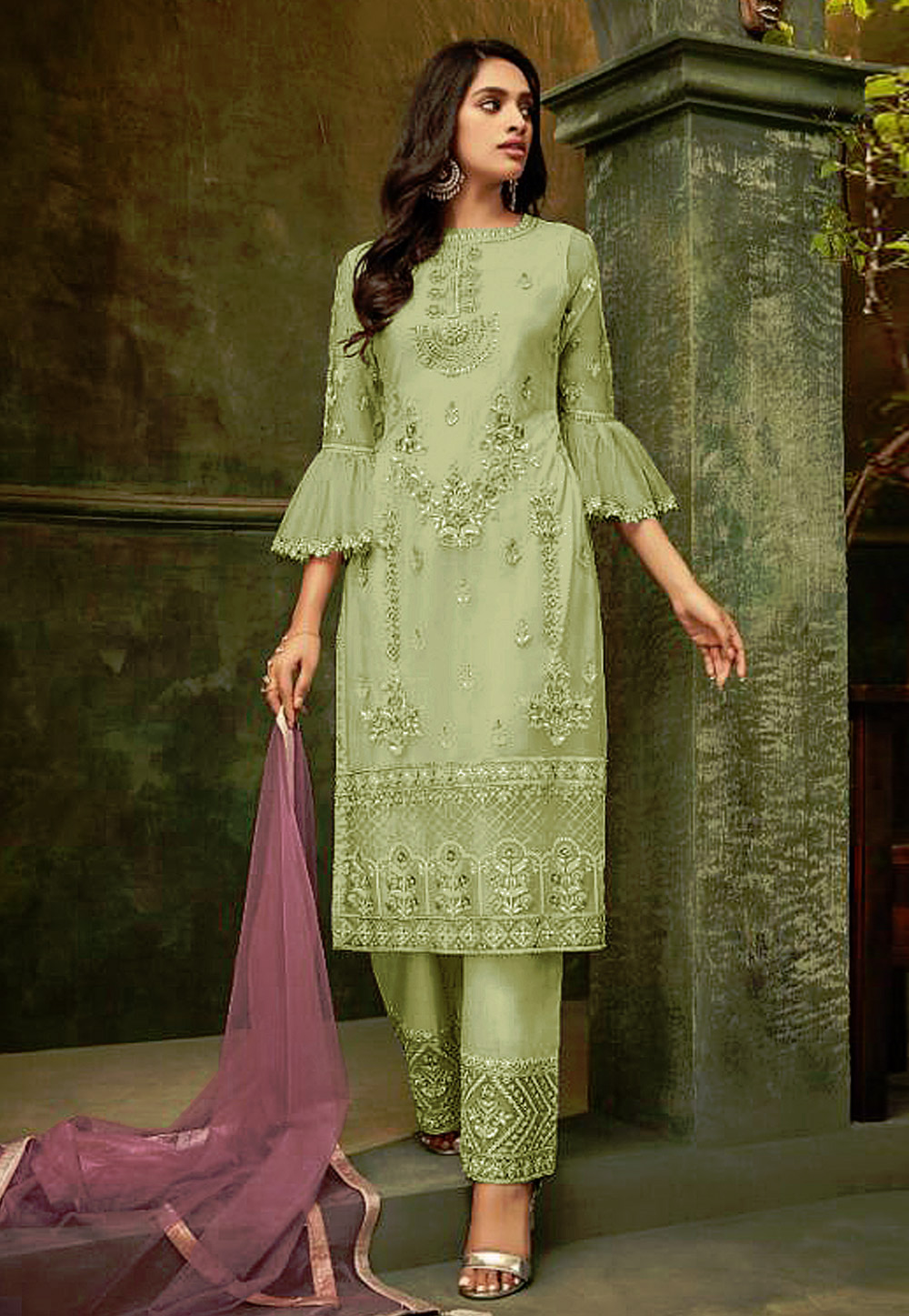Light Green Net Embroidered Pant Style Suit 193191