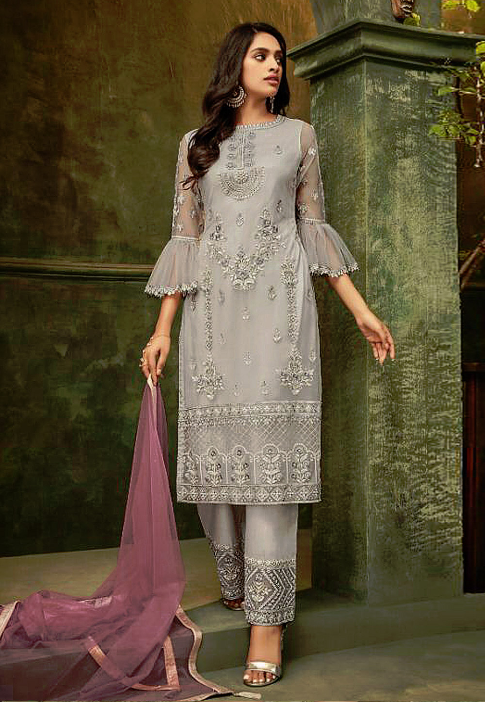 Grey Net Embroidered Kameez With Pant 193192