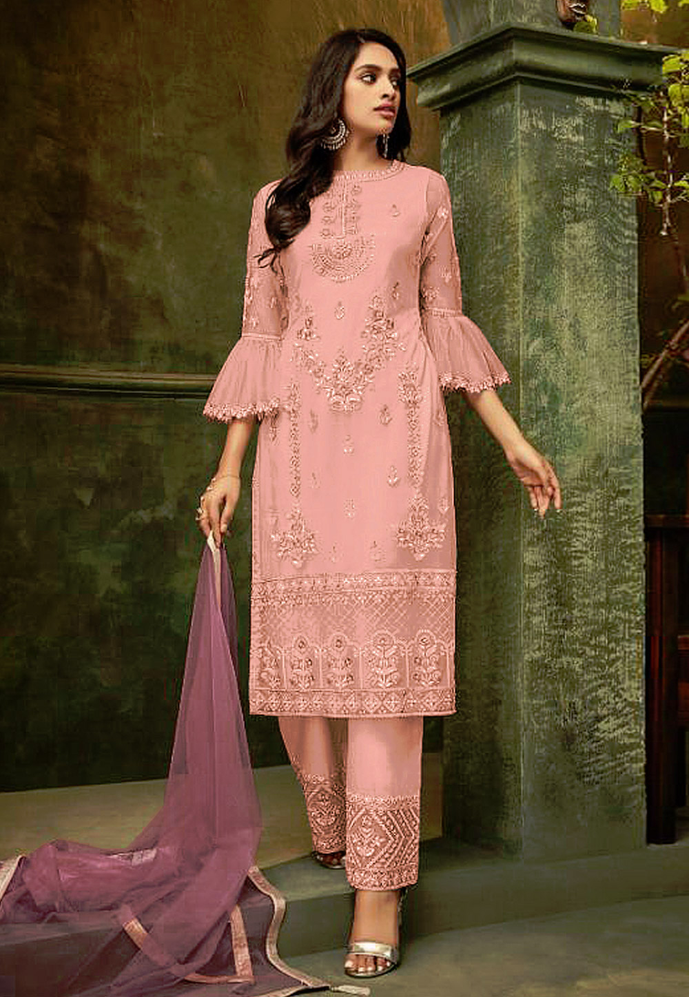 Pink Net Embroidered Kameez With Pant 193194