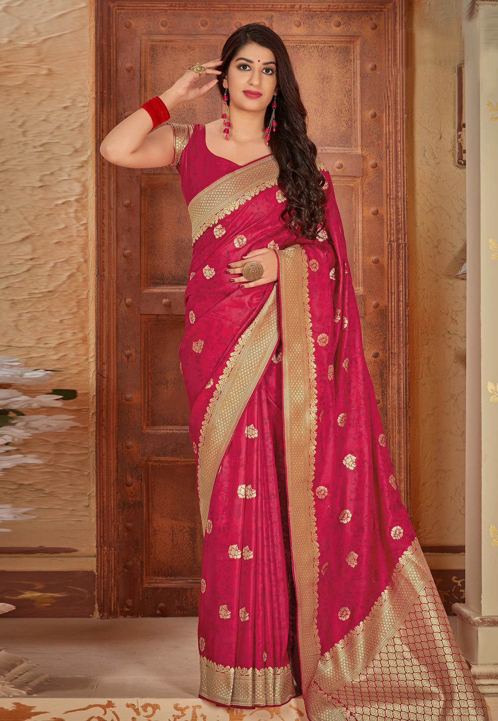 Pink Banarasi Silk Saree With Blouse 197360