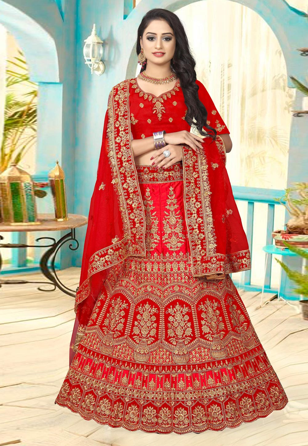 Red Satin Bridal Lehenga Choli 201310