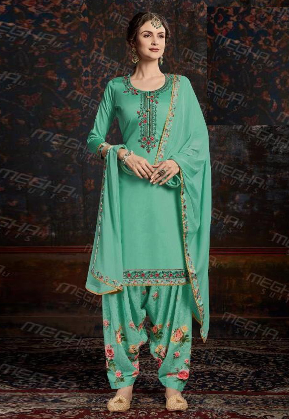 Sea Green Satin Cotton Punjabi Suit 211462