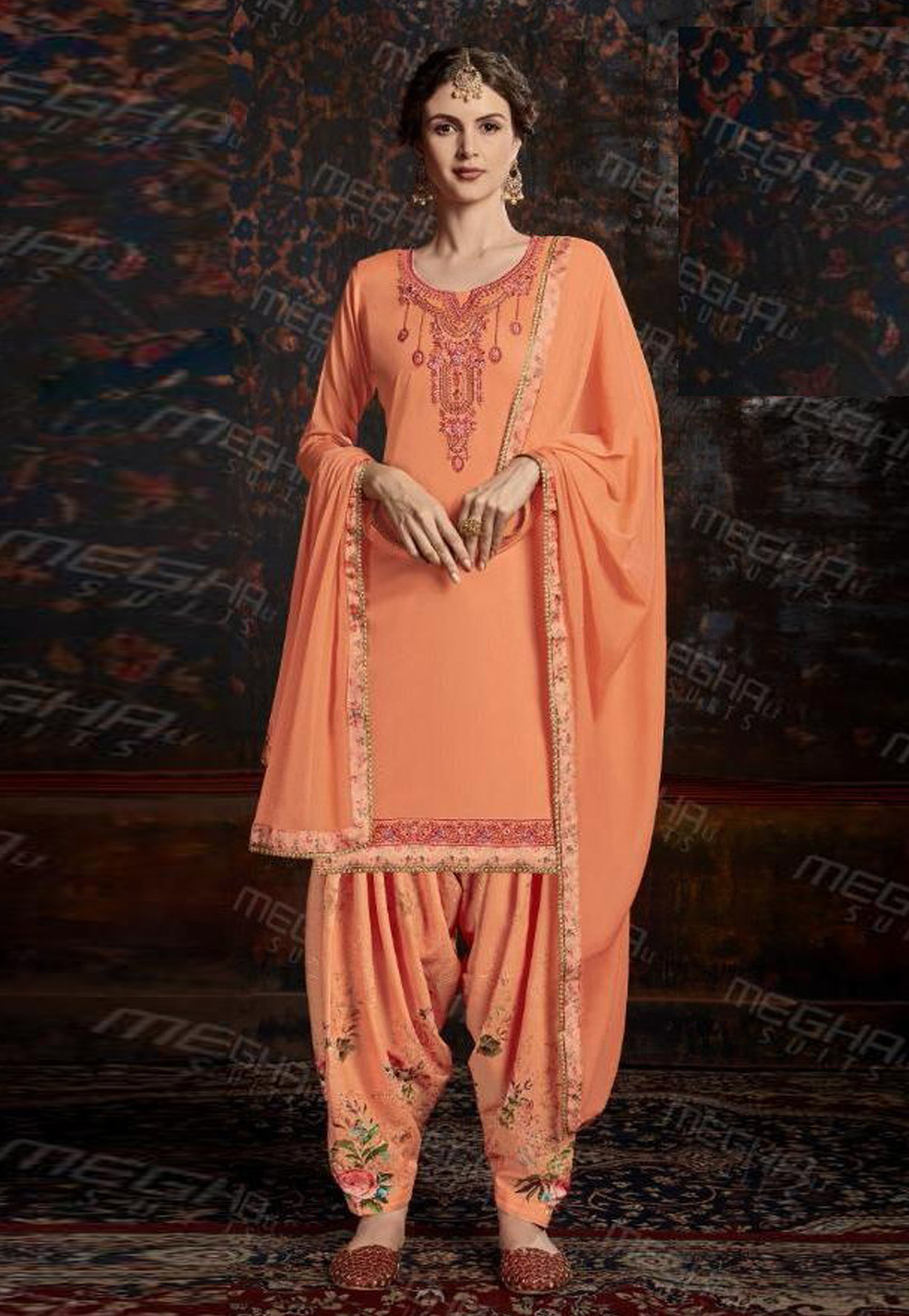 Orange Satin Cotton Patiala Suit 211463