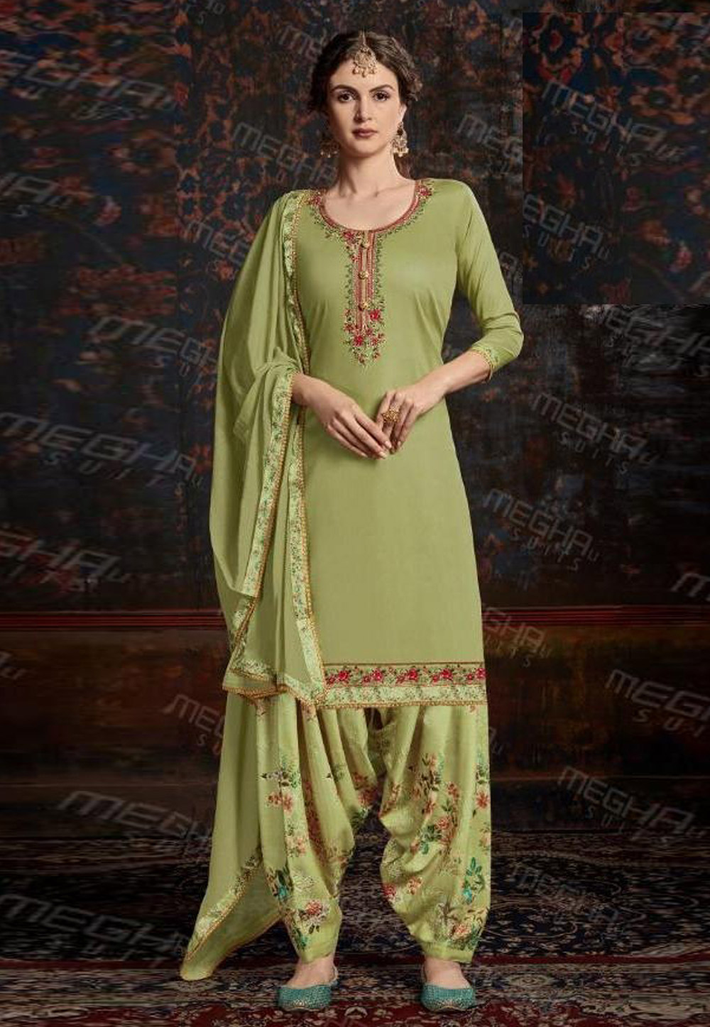 Green Satin Cotton Punjabi Suit 211464