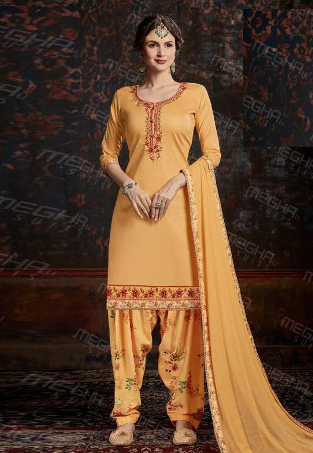 Orange Satin Cotton Punjabi Suit 211466
