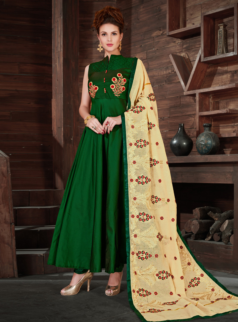 Green Silk Readymade Long Anarkali Suit 130507