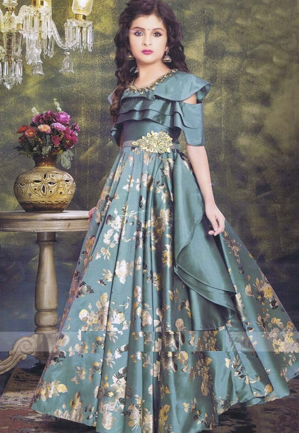 Steel Blue Taffeta Readymade Floral Print Flared Gown 165434