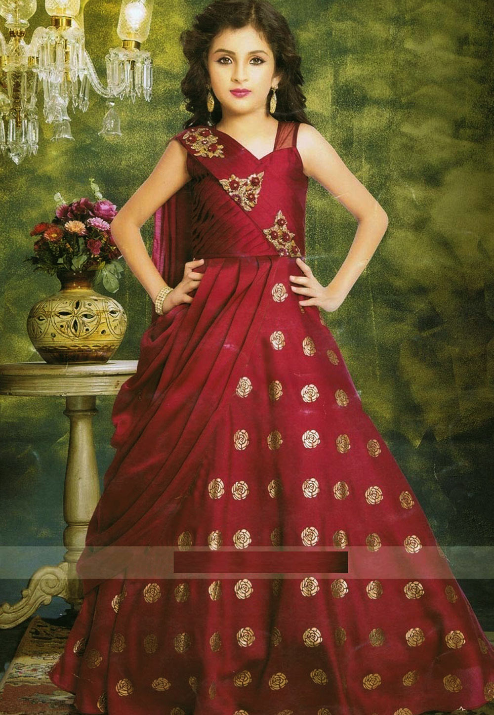 Magenta Silk Readymade Embroidered Draped Gown 165441
