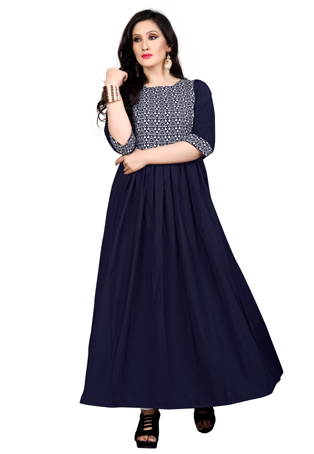 Navy Blue Crepe Readymade Flared Gown 166615