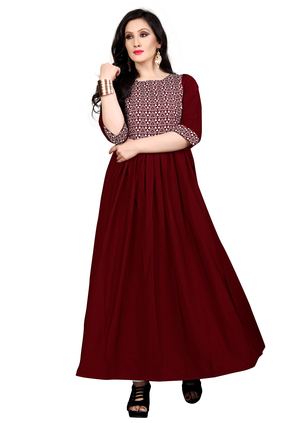 Maroon Crepe Readymade Flared Gown 166616