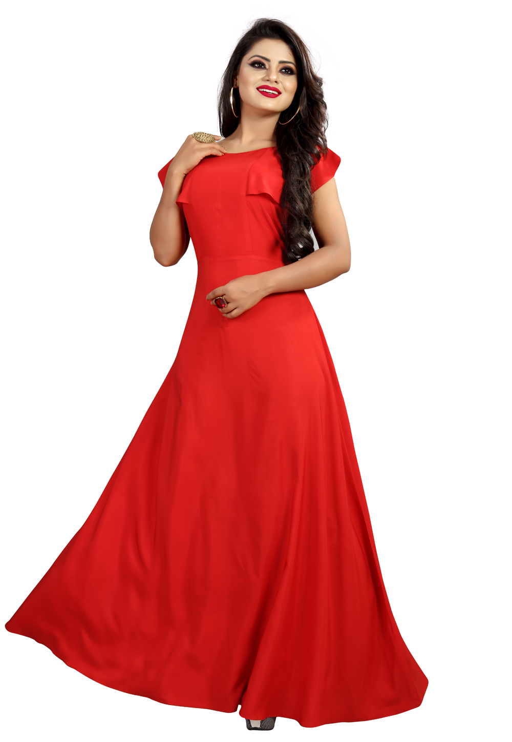 Red Crepe Readymade Flared Gown 166618