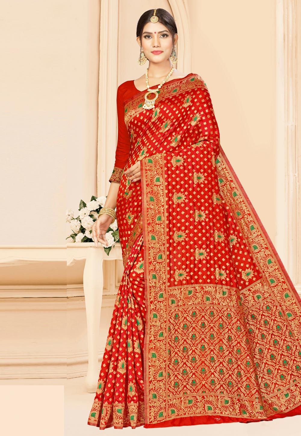 Red Banarasi Silk Festival Wear Saree 208054
