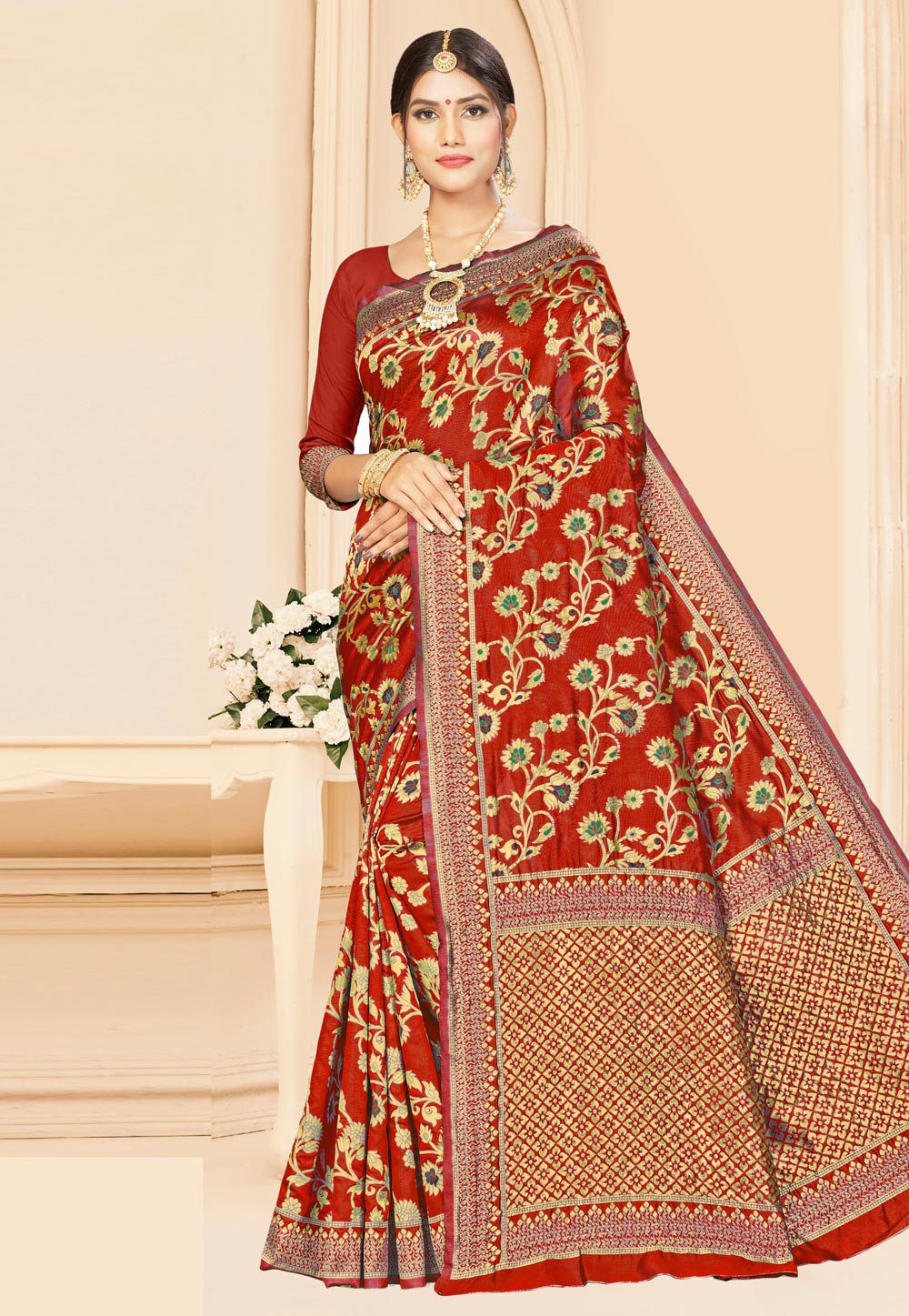 Red Banarasi Silk Festival Wear Saree 208056