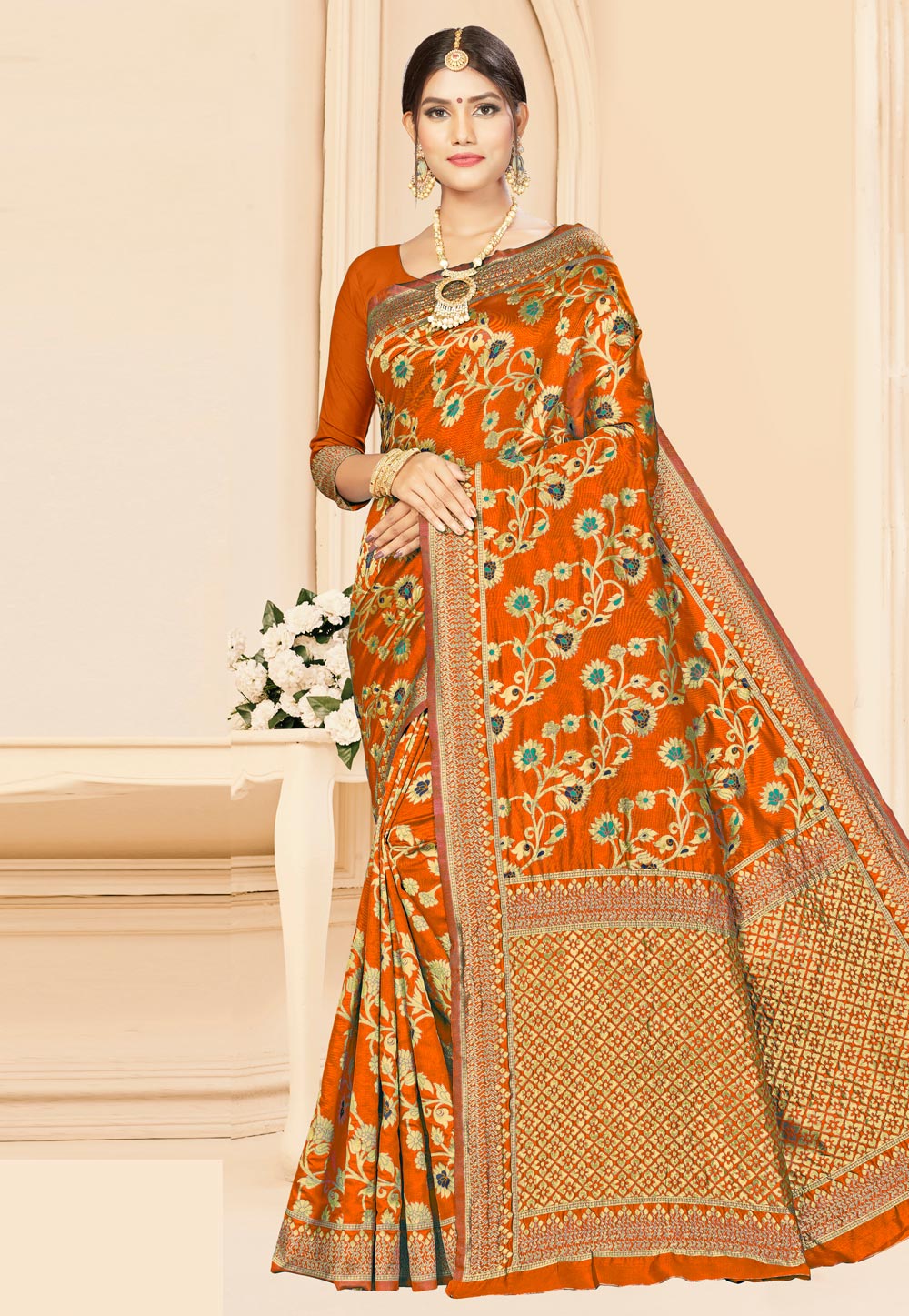 Orange Banarasi Silk Saree With Blouse 208059