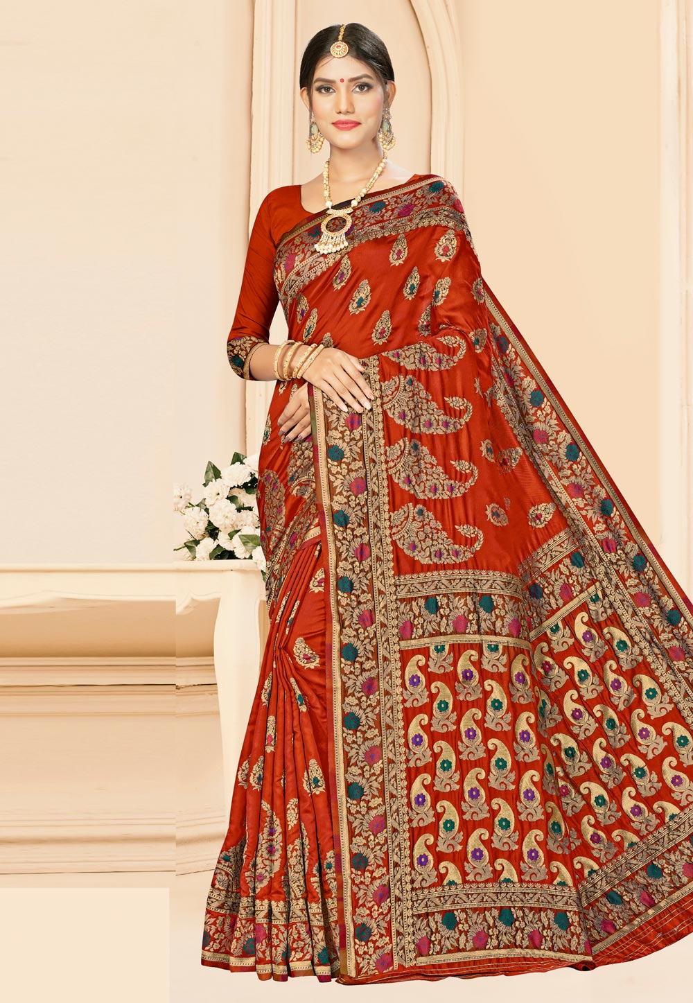 Rust Banarasi Silk Festival Wear Saree 208062