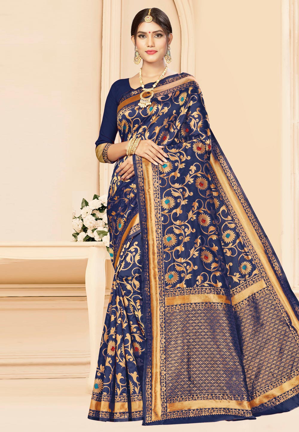 Navy Blue Banarasi Silk Saree With Blouse 208043