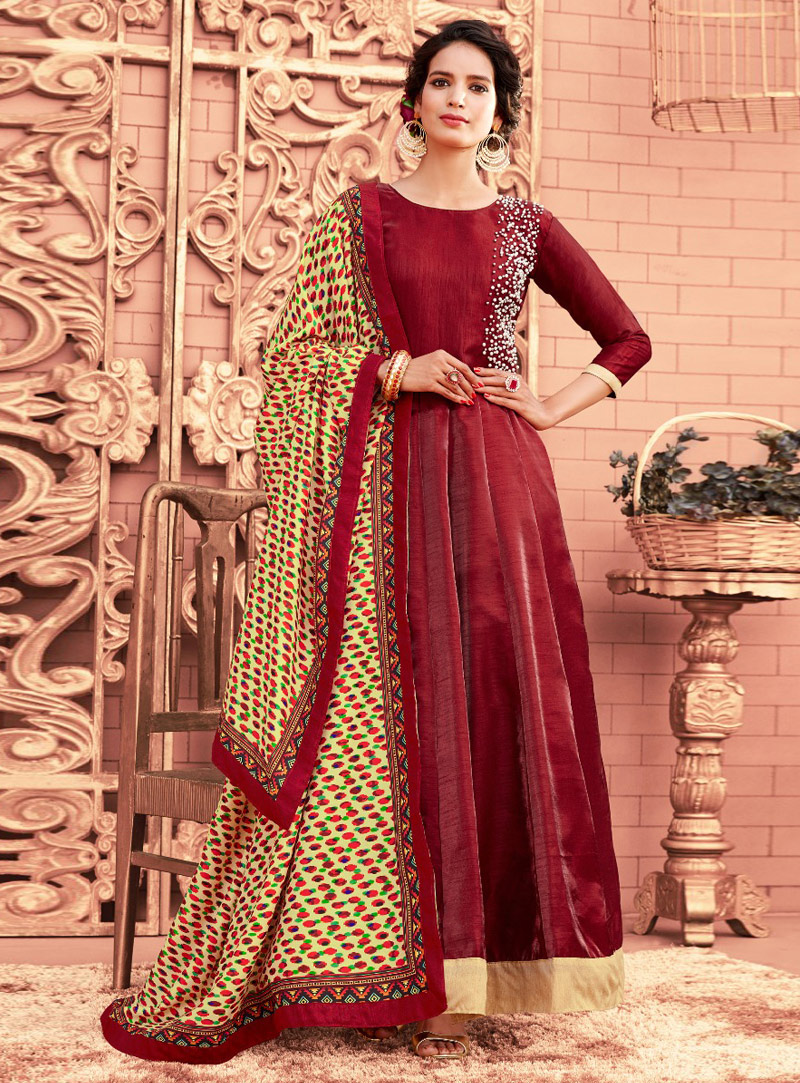 Maroon Banglori Silk Ankle Length Anarkali Suit 120609