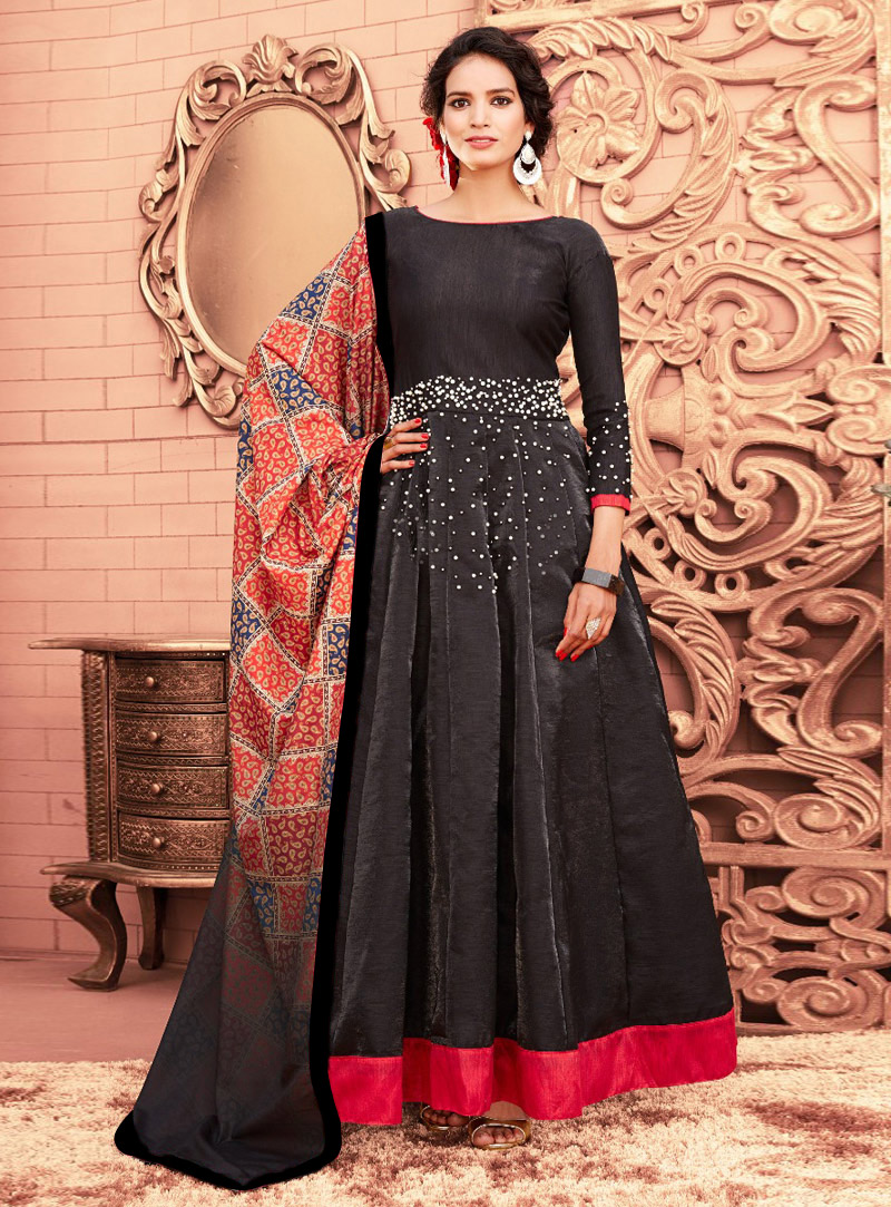 Black Banglori Silk Long Anarkali Suit 120610