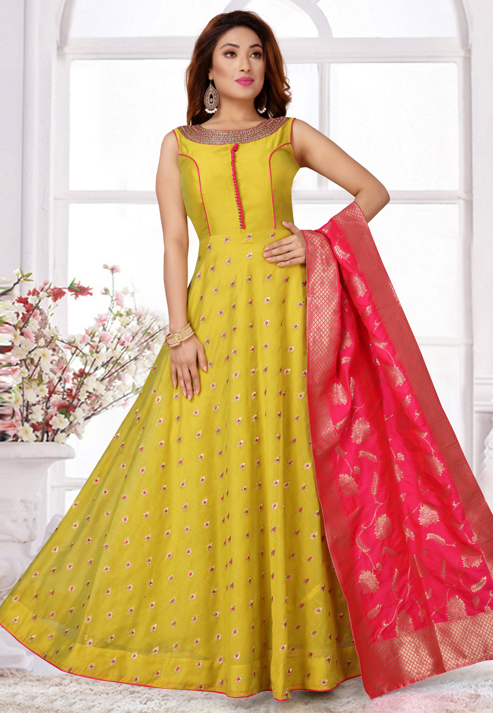 Yellow Chanderi Silk Readymade Abaya Style Anarkali Suit 164278