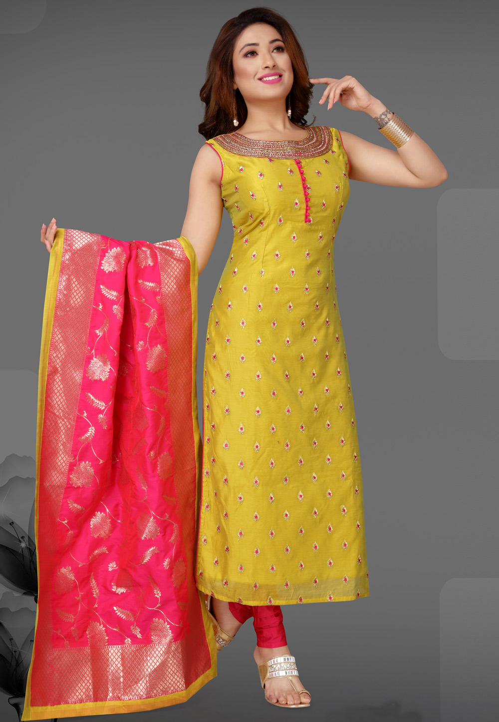 Yellow Chanderi Silk Readymade Churidar Suit 164279