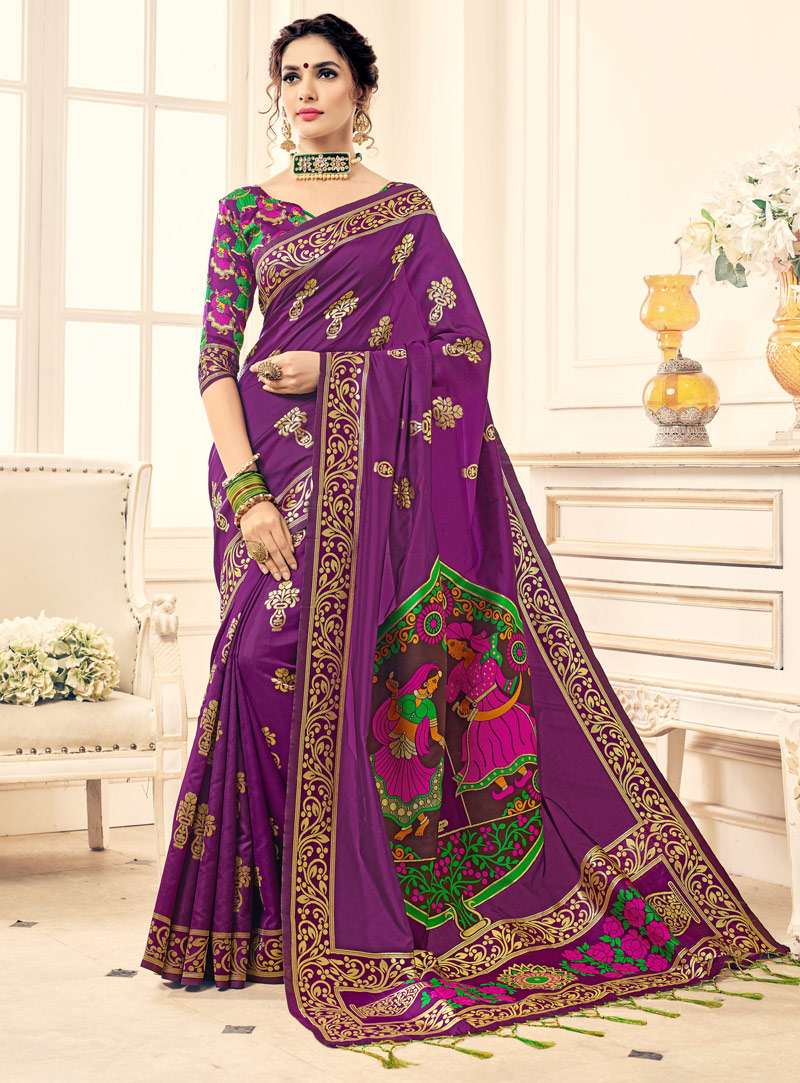 Purple Banarasi Silk Saree With Blouse 121478