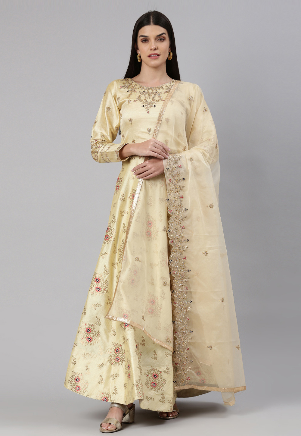 Beige Banarasi Jacquard Gown 256792