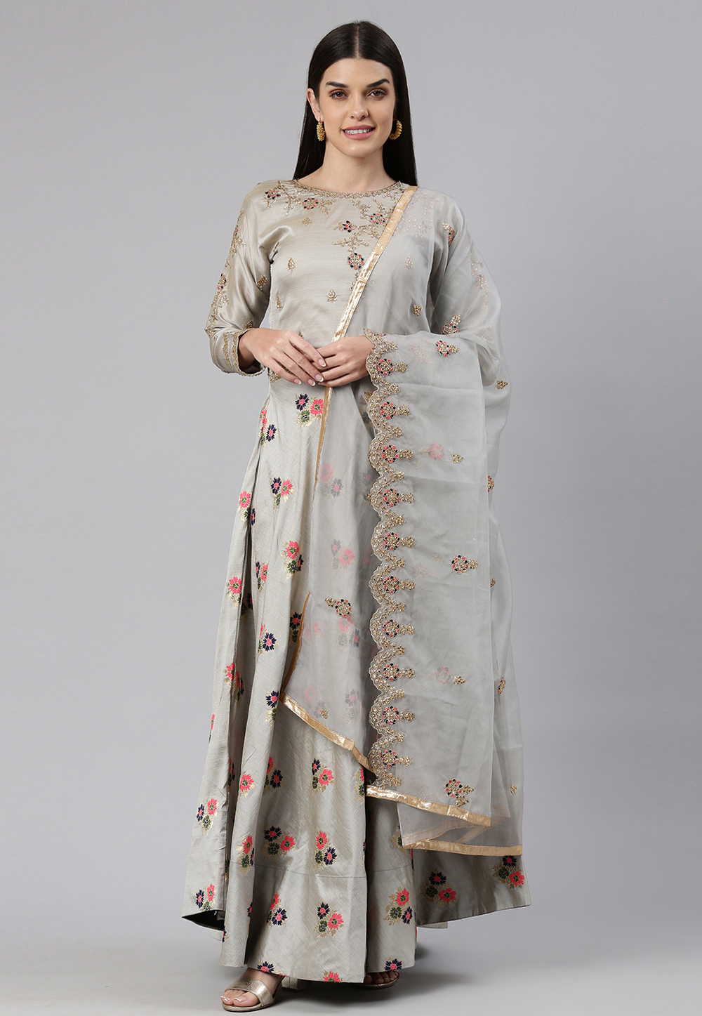 Grey Banarasi Jacquard Gown 256793
