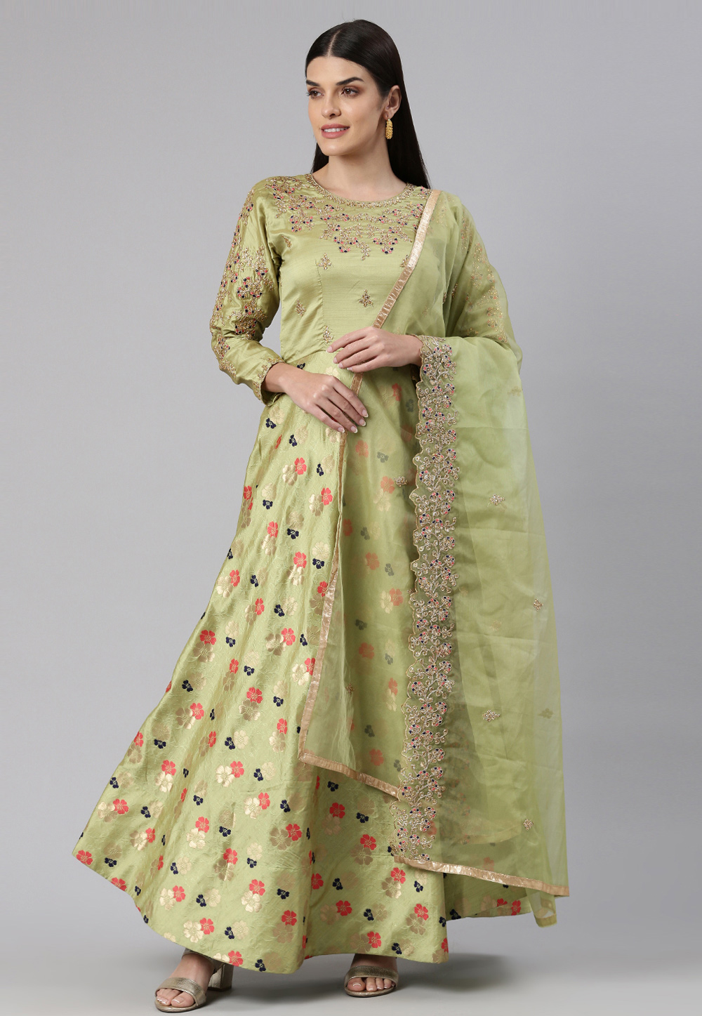Pista Green Banarasi Jacquard Gown 256794