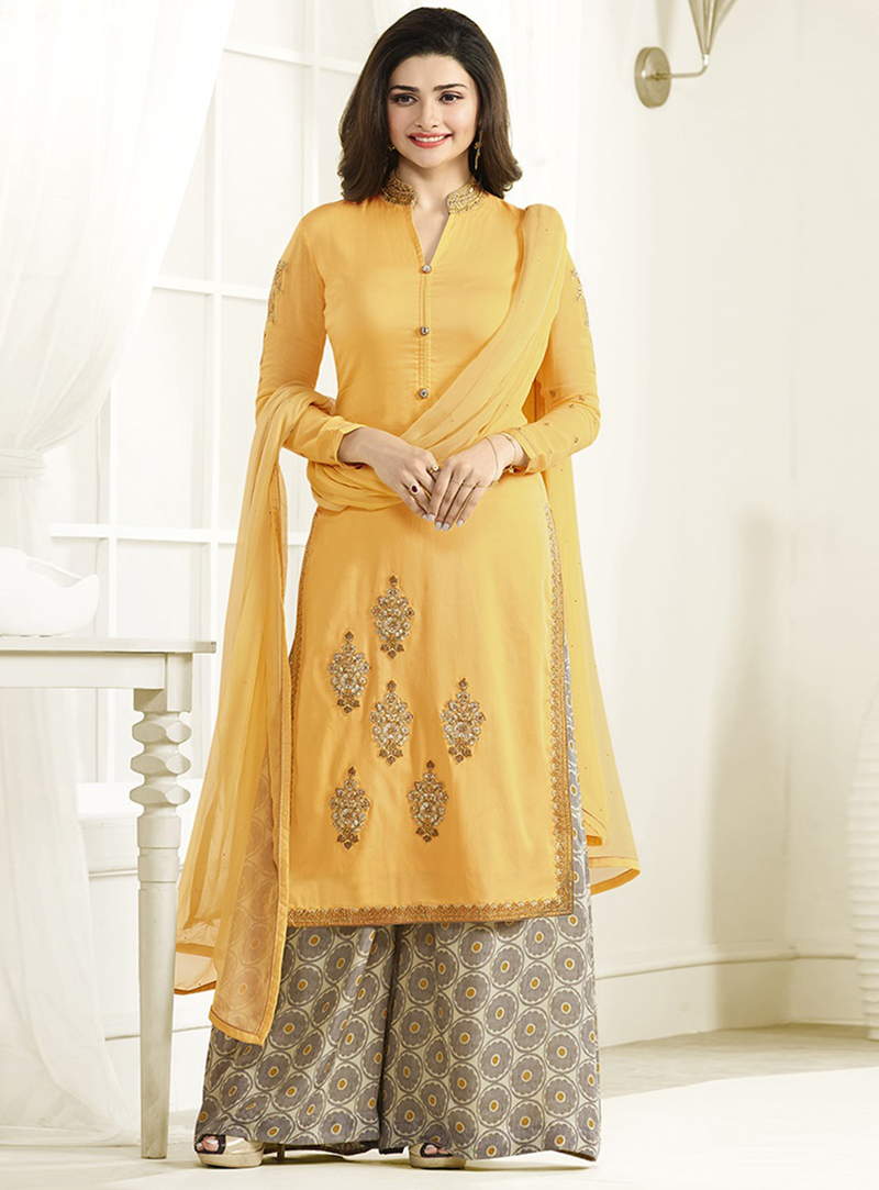 Prachi Desai Yellow Georgette Palazzo Style Suit 94648