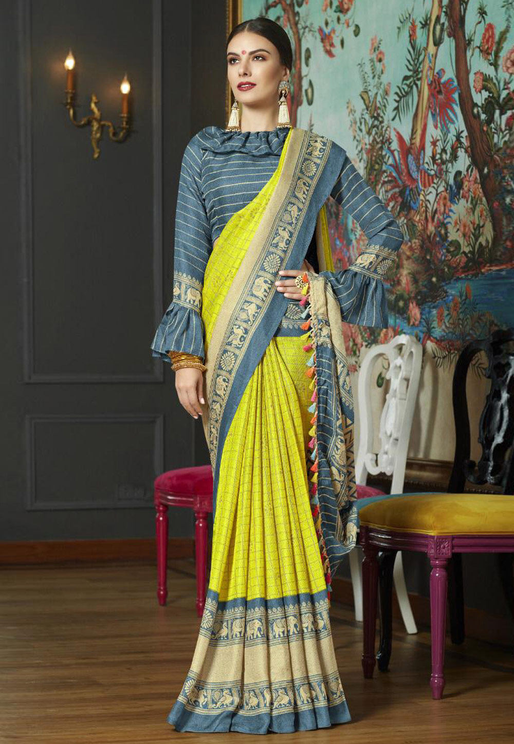 Yellow Cotton Saree With Blouse With Frilled Sleeve 174996