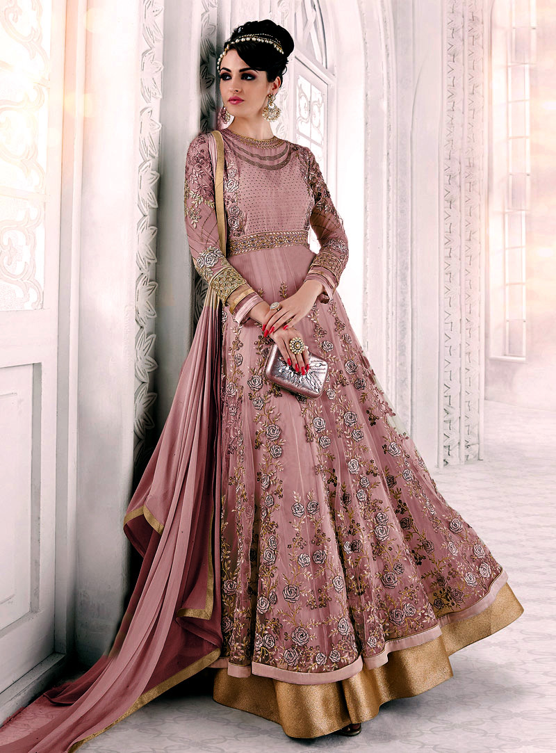 Pink Net Floor Length Anarkali Suit 93368