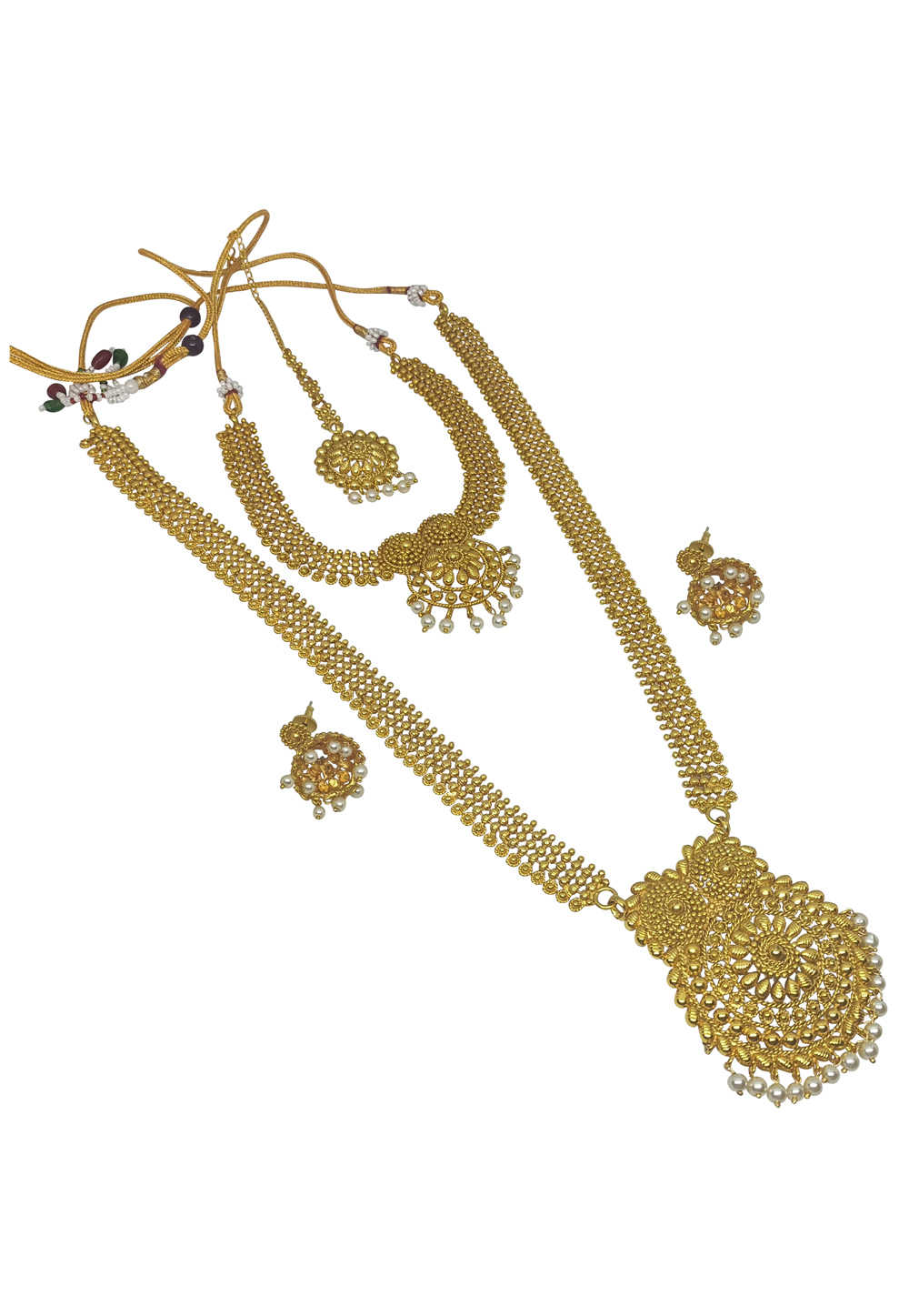 Golden Alloy Austrian Diamonds and Kundan Necklace Set With Earrings and Maang Tikka 280108