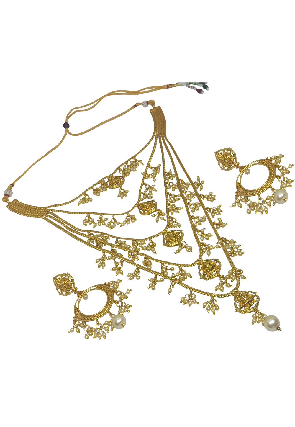 Golden Alloy Austrian Diamonds and Kundan Necklace Set With Earrings and Maang Tikka 280125