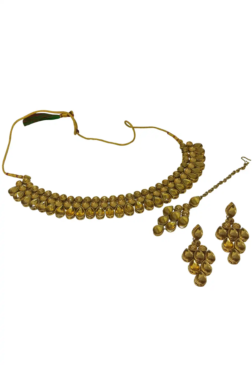 Golden Alloy Austrian Diamonds and Kundan Necklace Set With Earrings and Maang Tikka 289905
