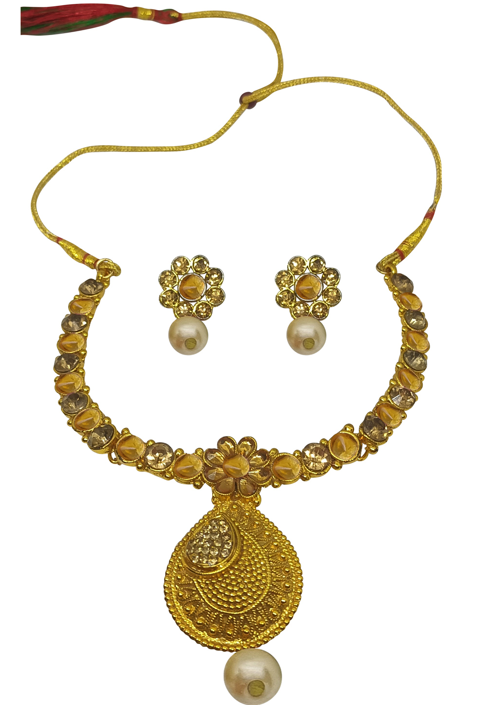 Golden Alloy Austrian Diamonds and Kundan Necklace With Earrings 280103
