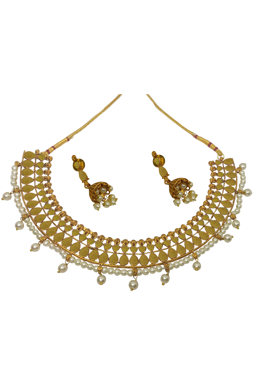 Golden Alloy Austrian Diamonds and Kundan Necklace With Earrings 280114