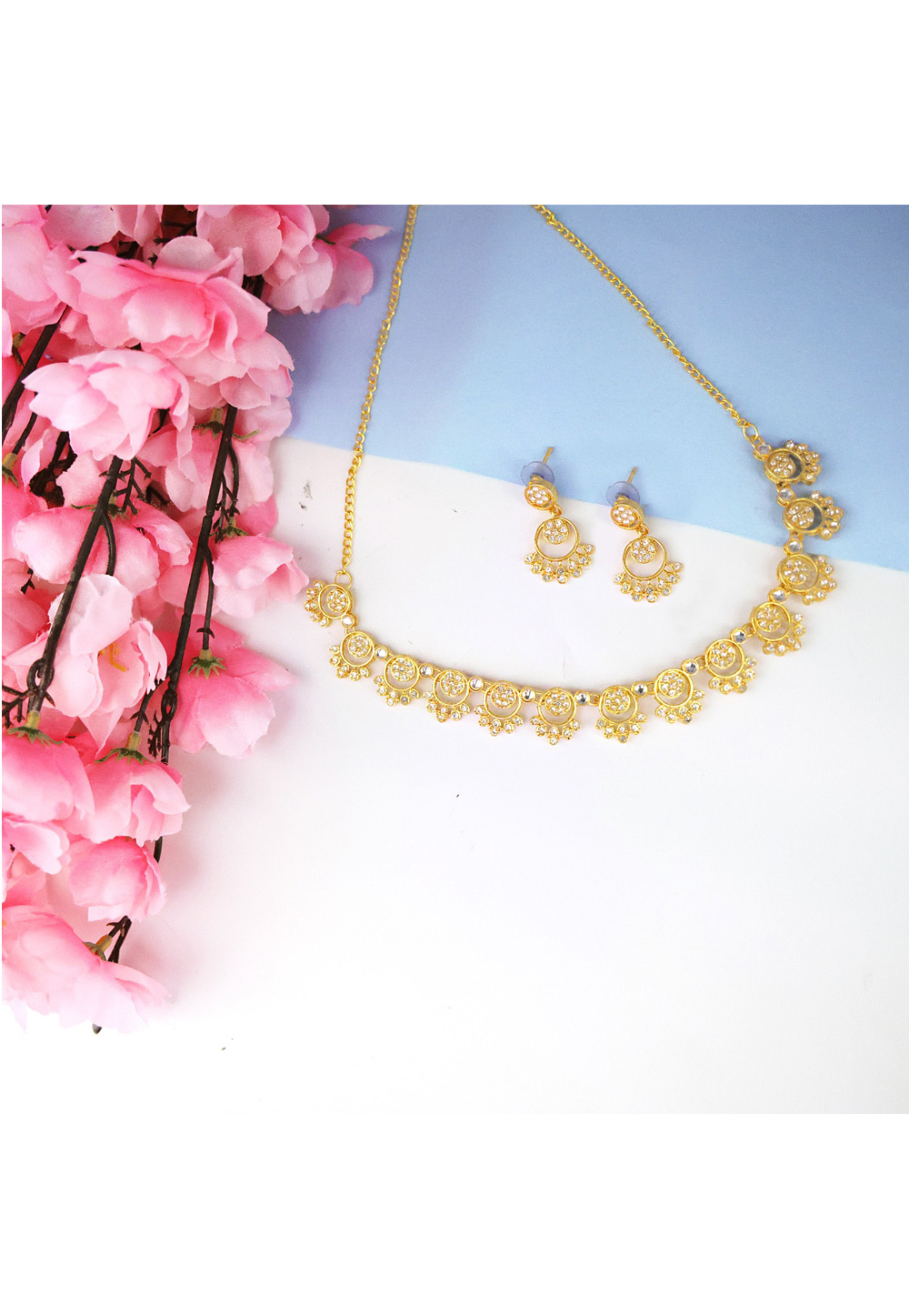 Golden Alloy Necklace With Earrings 285047