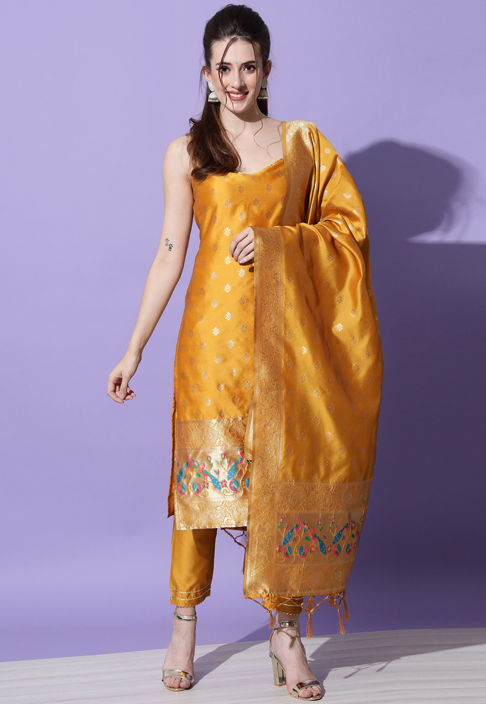 Golden Cotton Silk Readymade Pakistani Suit 310189