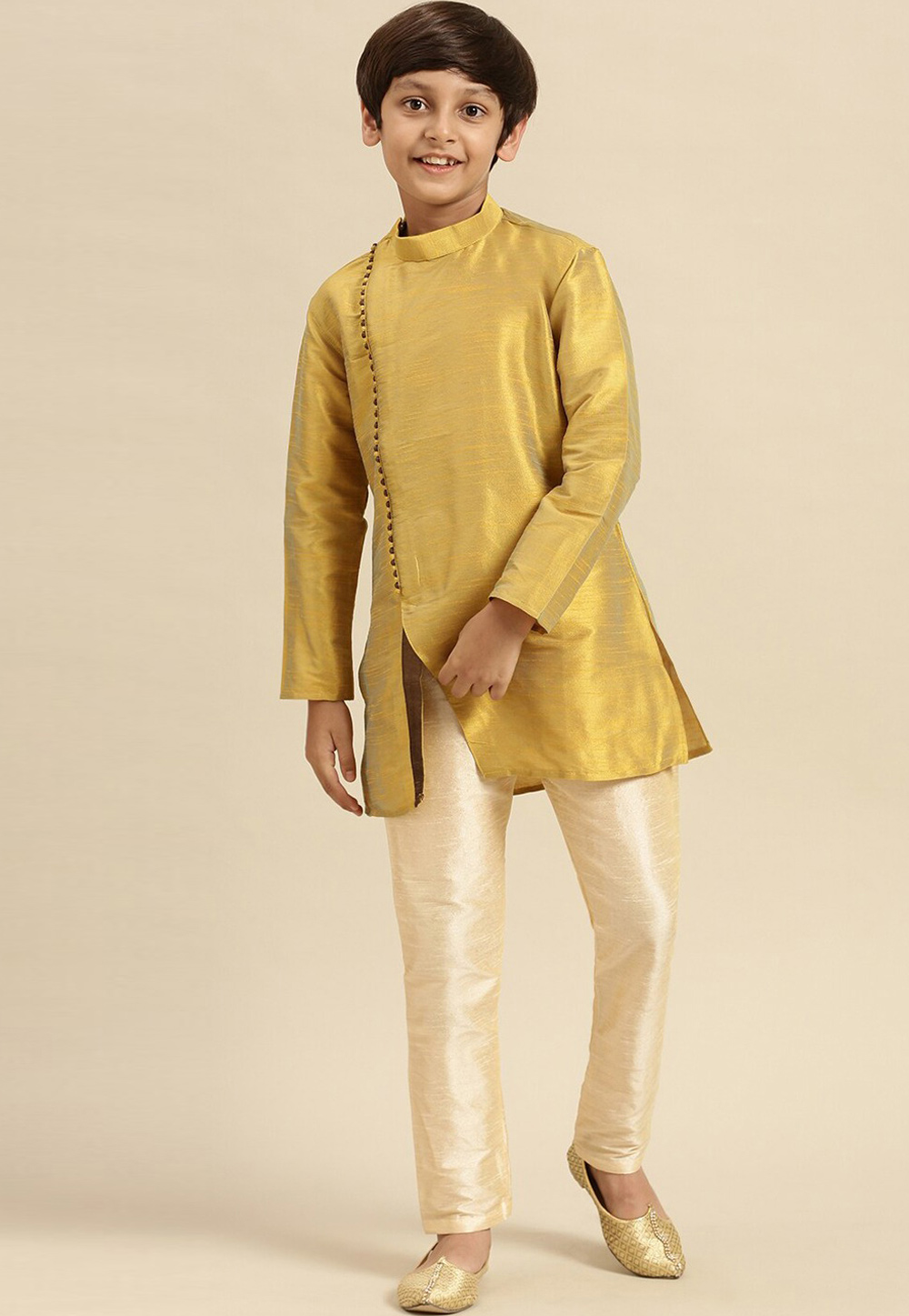 Golden Dupion Silk Kids Kurta Pajama 286219