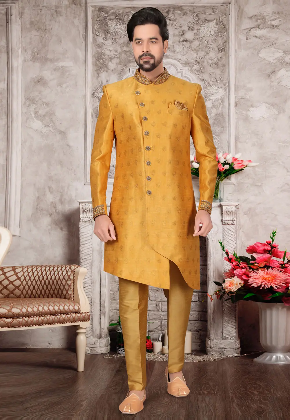 Golden Jacquard Indo Western Sherwani 302947