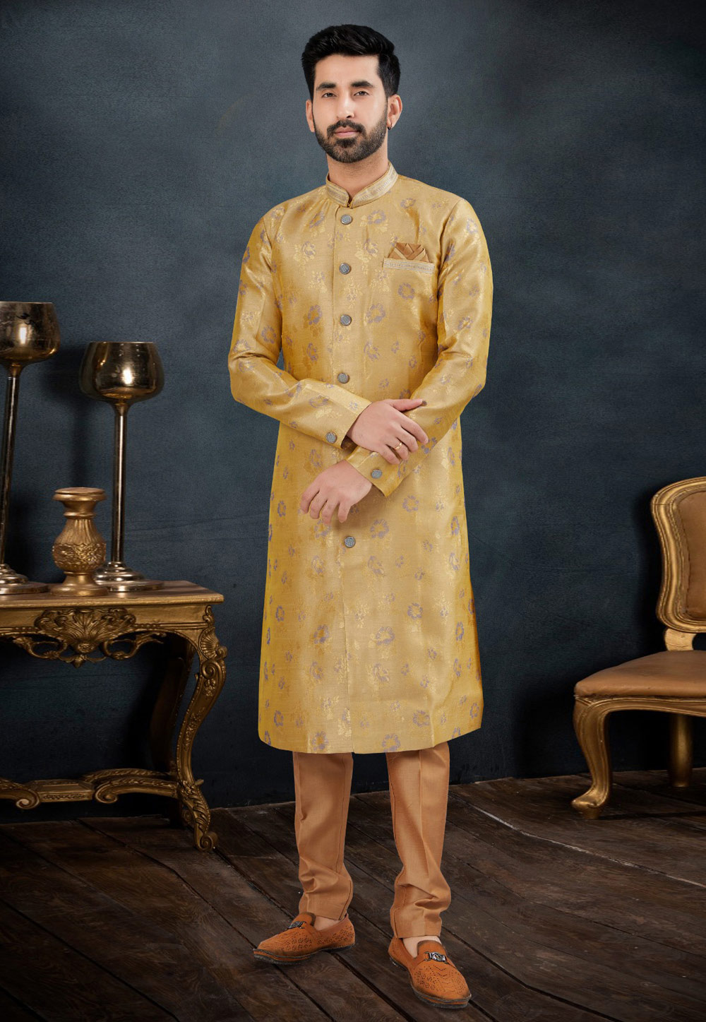 Golden Jacquard Indo Western Suit 282513