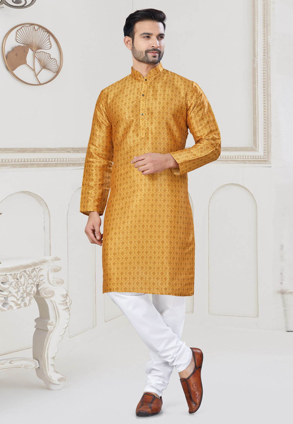 Golden Jacquard Kurta Pajama 304908