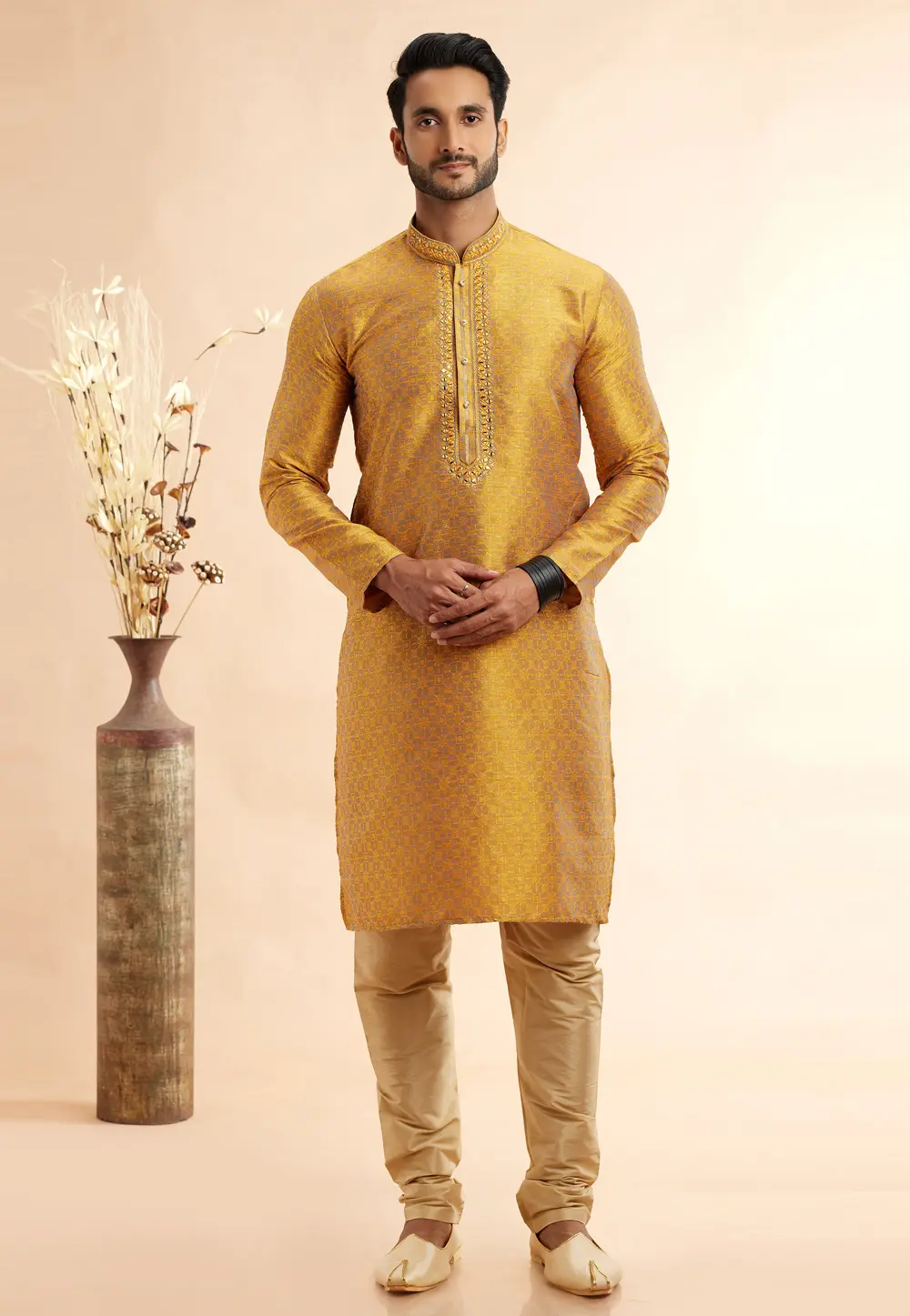 Golden Jacquard Kurta Pajama 297496