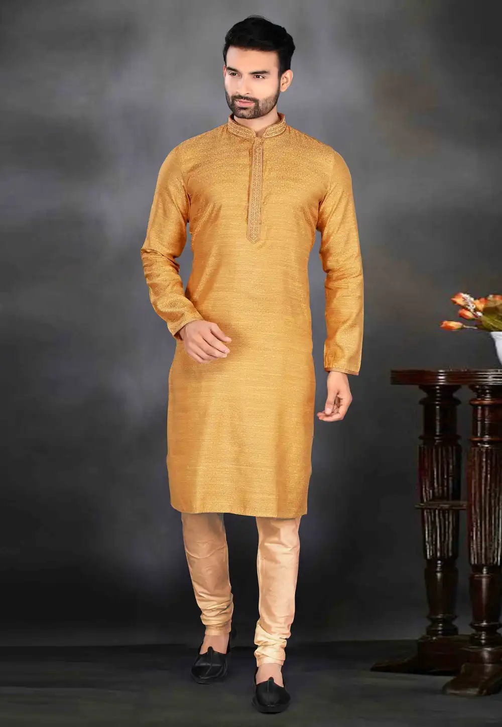 Golden Jacquard Kurta Pajama 288854