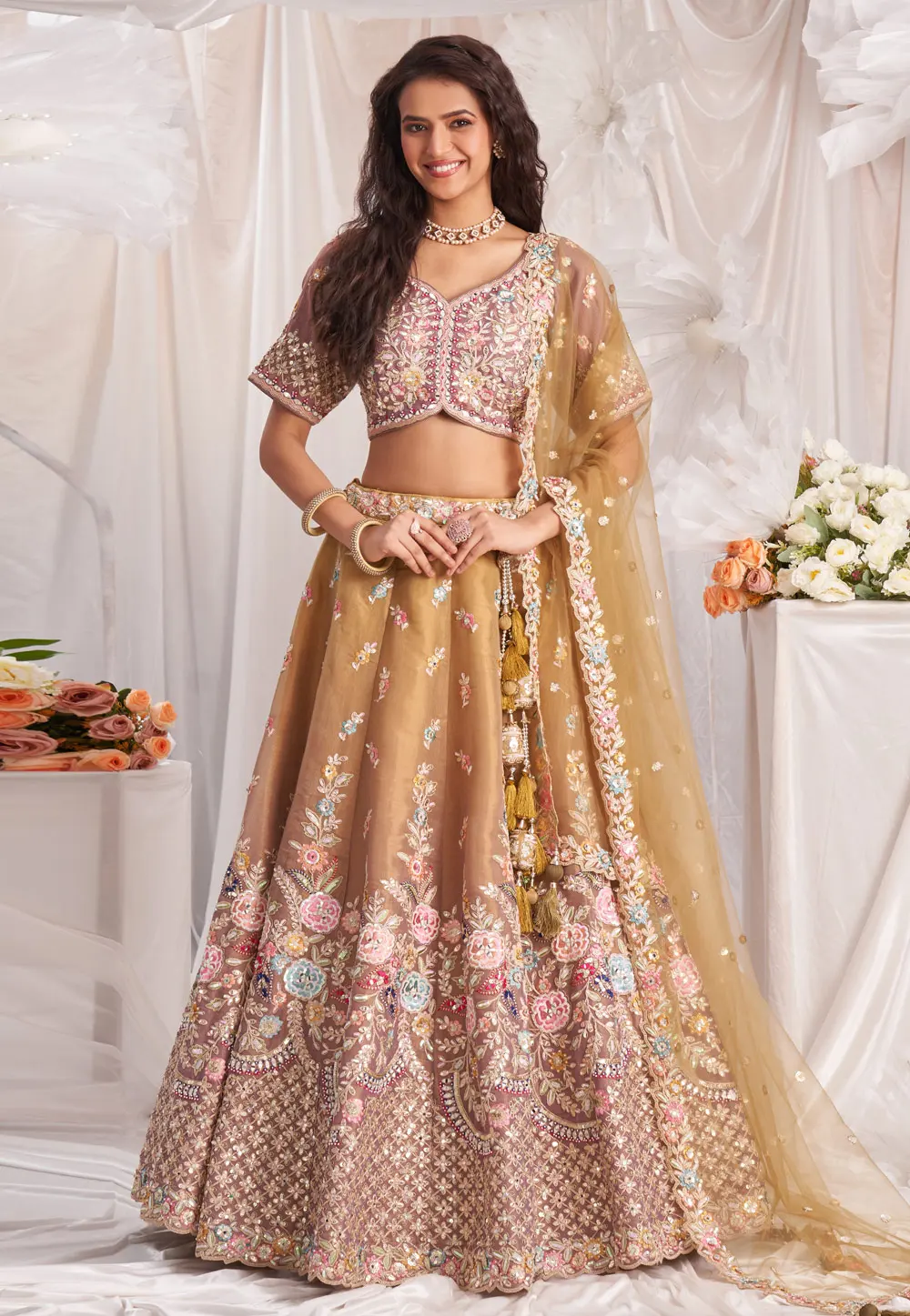 Golden Net Circular Lehenga Choli 297333